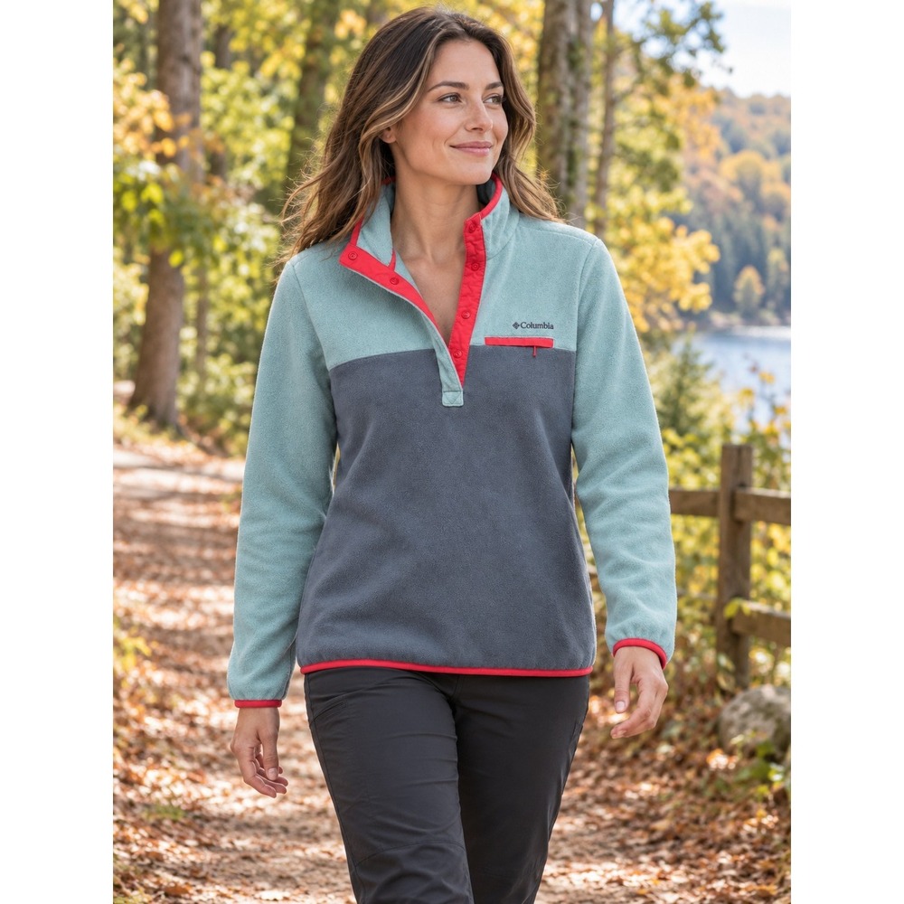 Columbia Benton Springs Women M Fleece Pullover Colorblock Teal Coral Half Snap